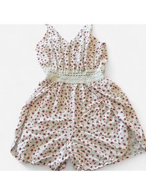 J for Justify Ditsy Red Floral and Crochet Spaghetti Strap Romper
